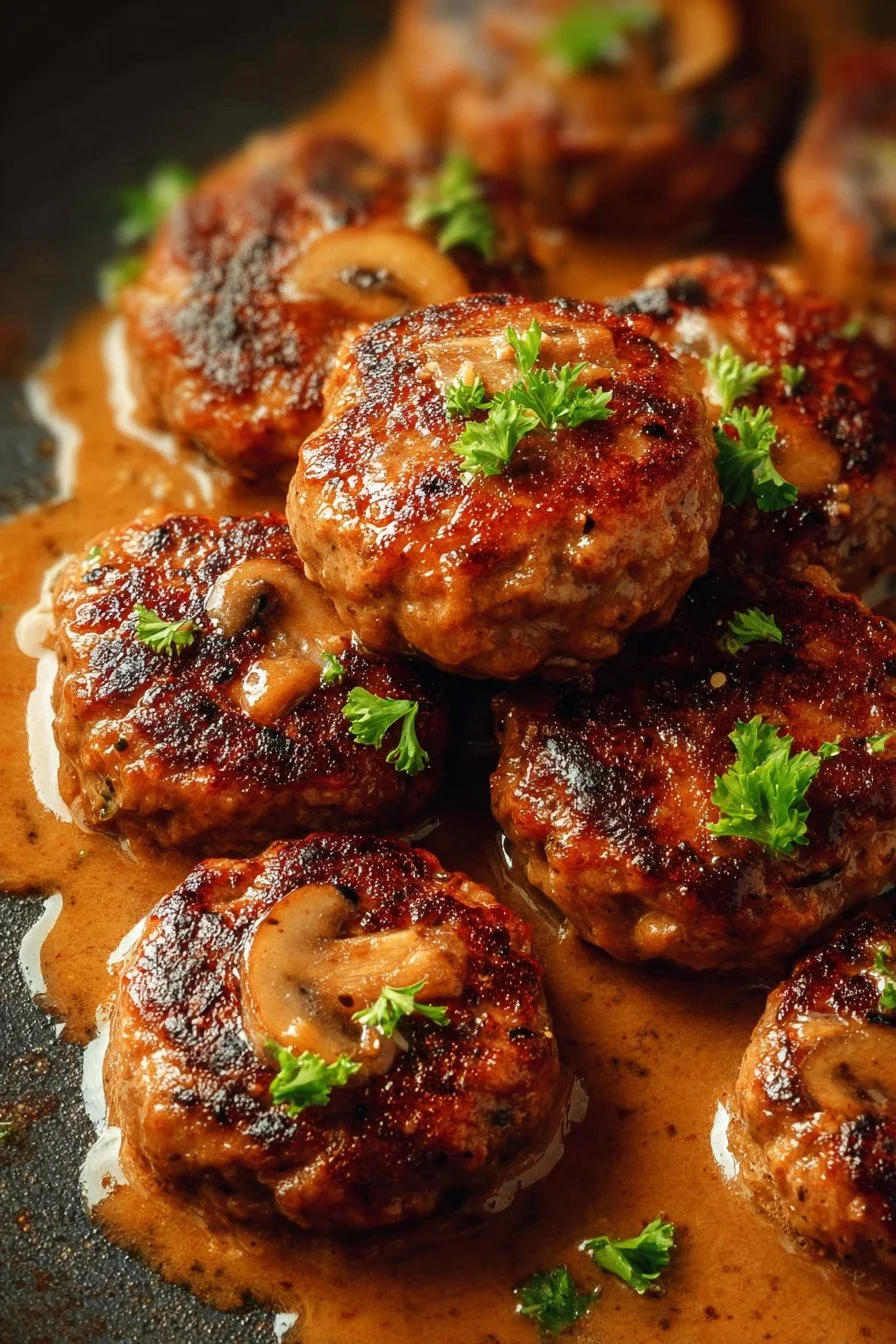 Plate of smothered rissoles with savory sauce and herbs