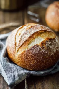 A loaf of freshly baked sourdough bread on a wooden table.