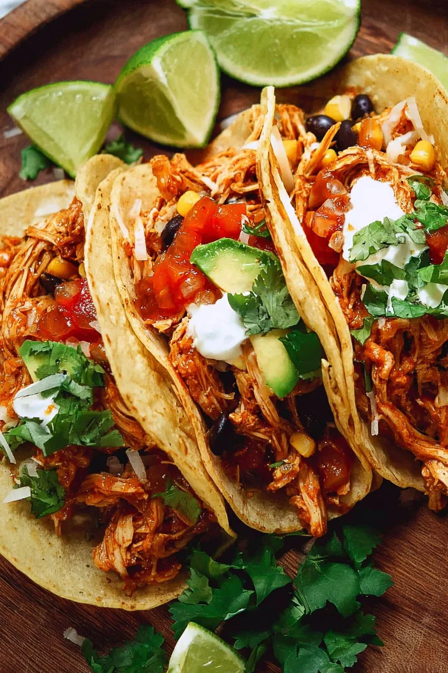 Delicious Southwestern crockpot chicken tacos topped with fresh ingredients