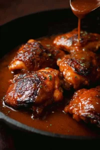 Delicious sticky pantry chicken thighs served with fresh herbs.