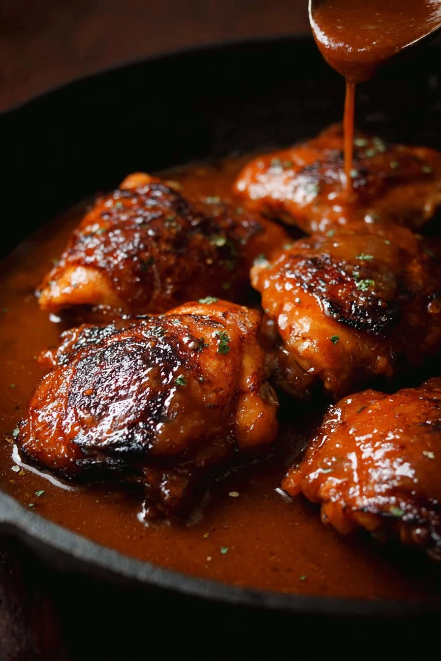 Delicious sticky pantry chicken thighs served with fresh herbs.