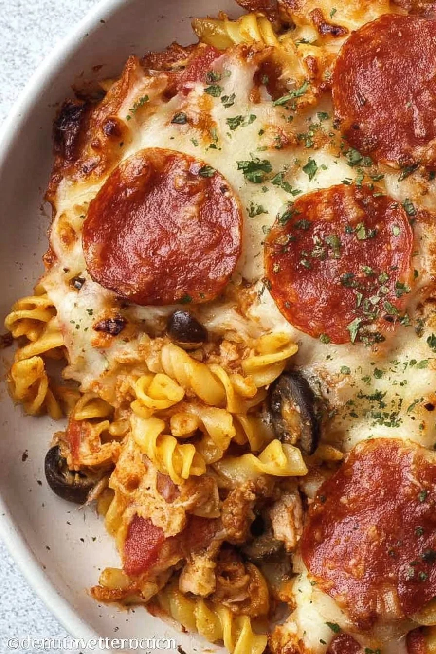 Supreme Pizza Pasta Bake with cheese, pepperoni, and colorful vegetables