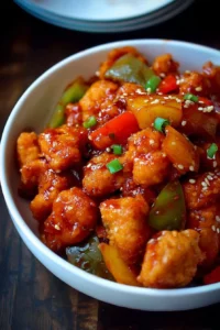 Delicious homemade Sweet and Sour Chicken served with colorful vegetables.