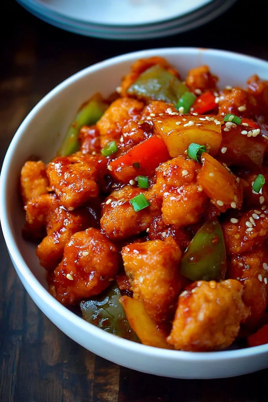 Delicious homemade Sweet and Sour Chicken served with colorful vegetables.