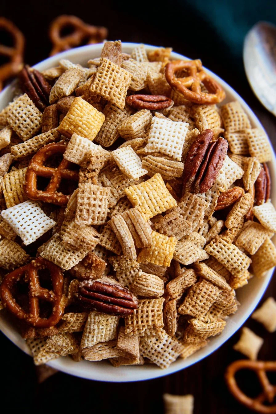 Delicious Sweet Holiday Chex Mix in a festive bowl, perfect for celebrations.