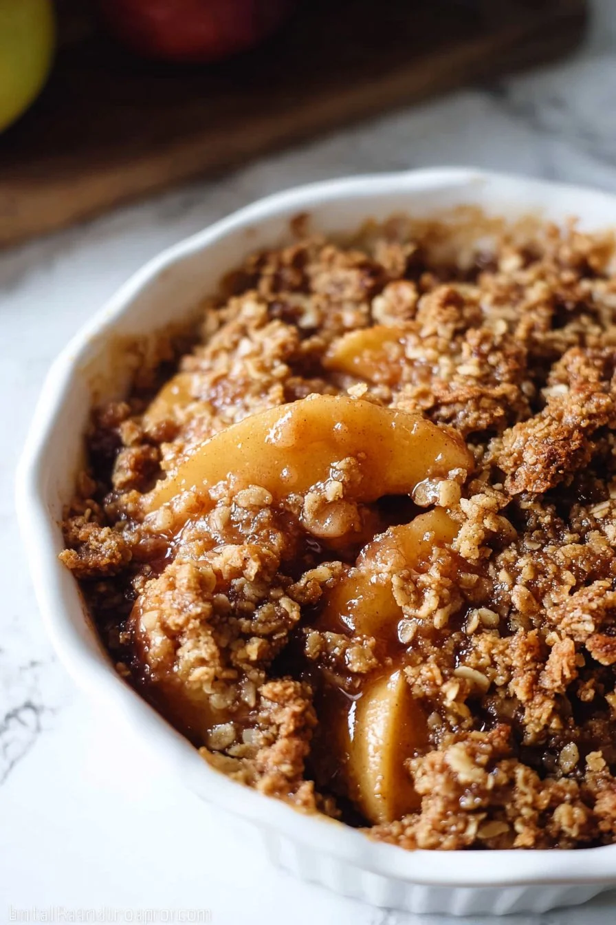 Delicious homemade apple crisp served in a bowl with a scoop of ice cream