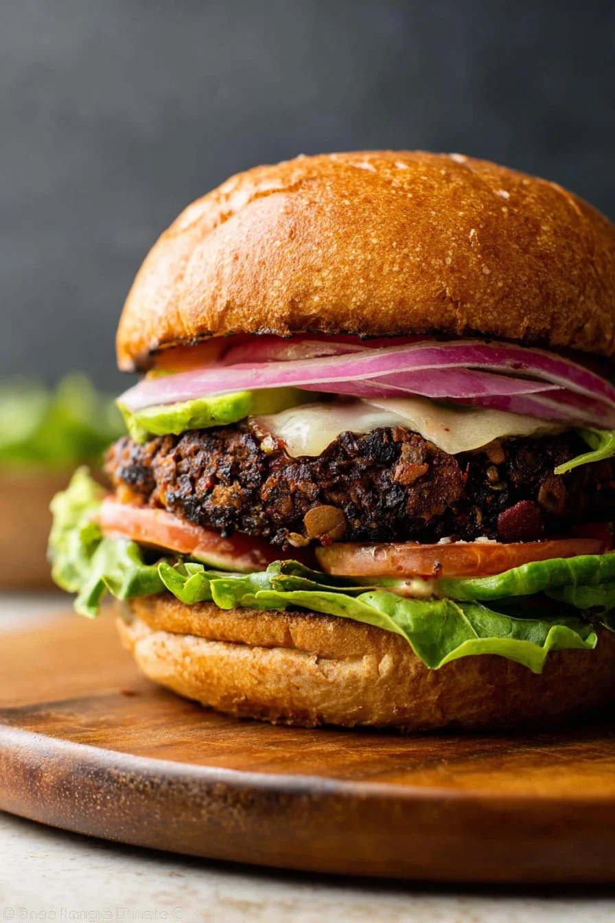 Delicious black bean burgers served with fresh toppings on a wooden plate.
