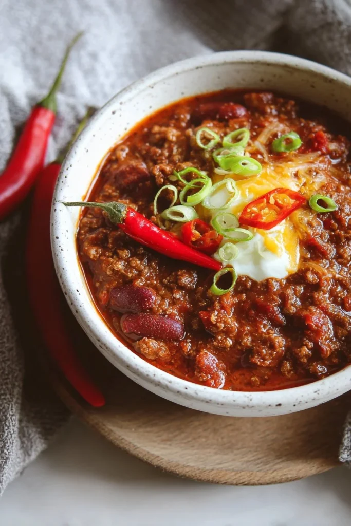 A hearty bowl of the best chili recipe topped with fresh herbs and cheese.