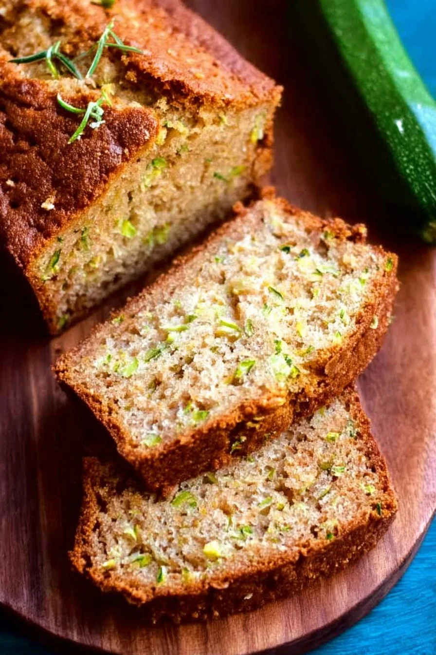 Sliced zucchini bread on a wooden cutting board with fresh zucchini beside it.