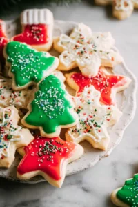 Cut out sugar cookies decorated with colorful icing on a baking sheet