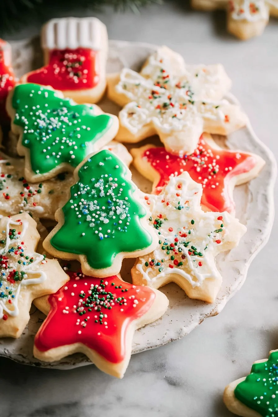 Cut out sugar cookies decorated with colorful icing on a baking sheet