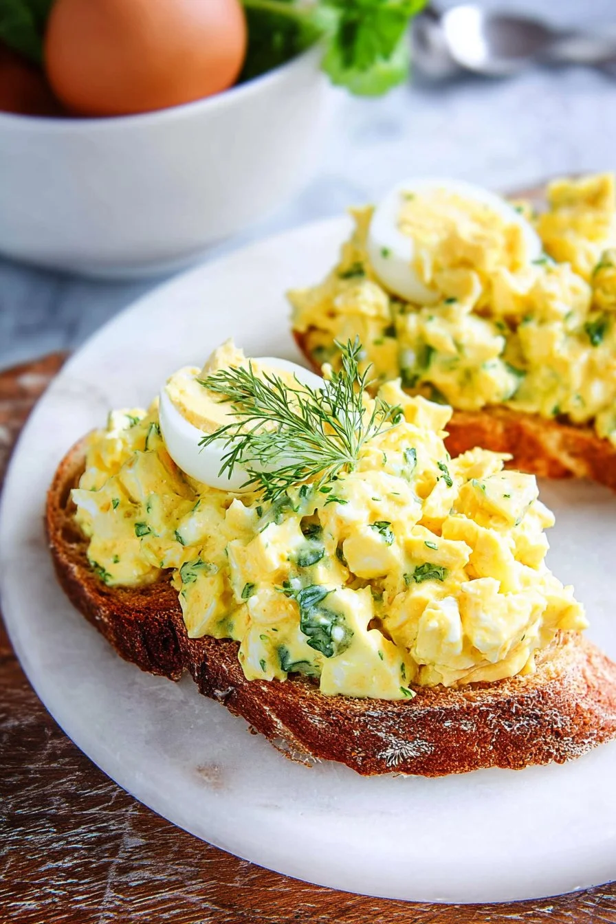 Delicious homemade egg salad served on fresh bread
