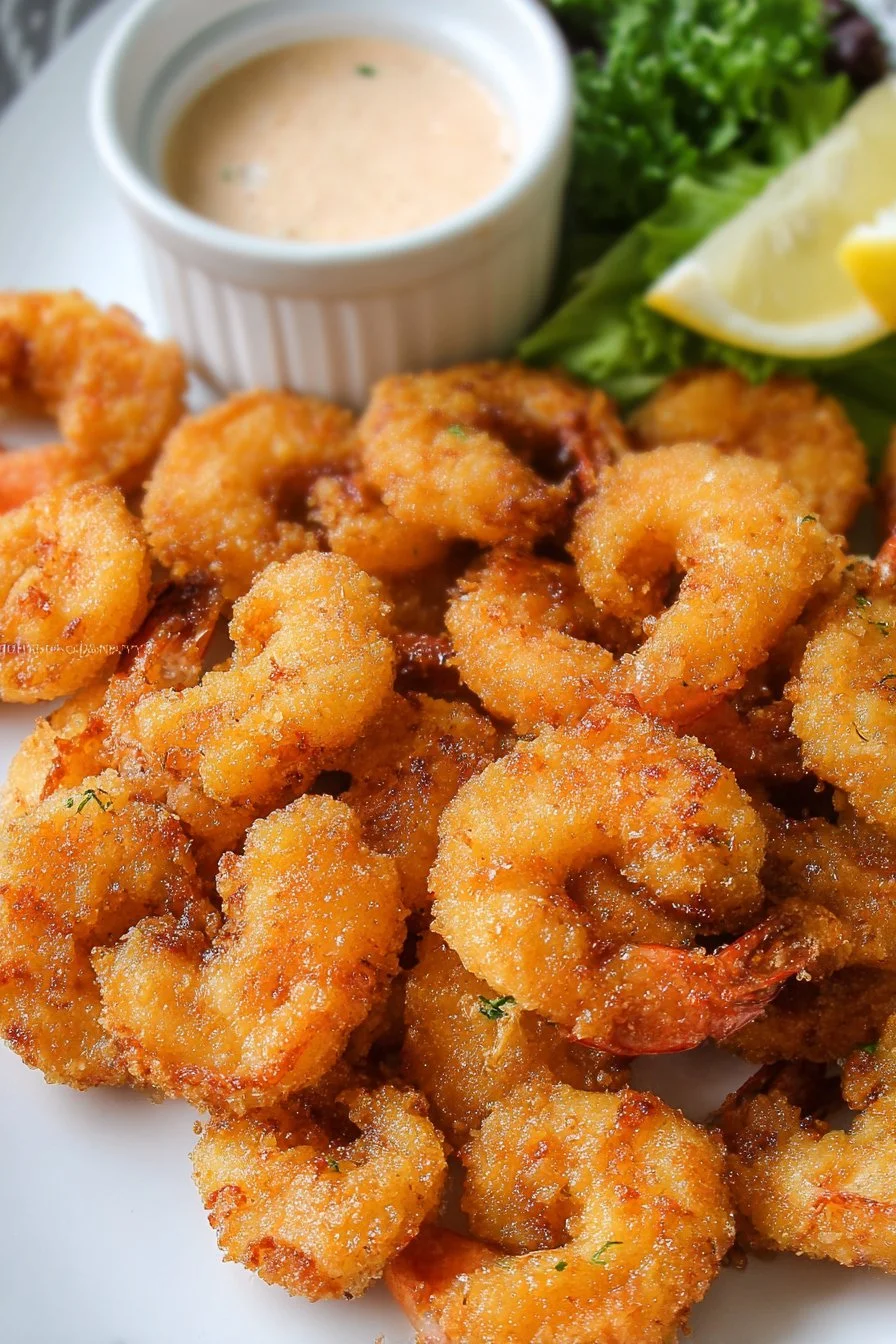 Delicious plate of crispy fried shrimp with lemon wedges
