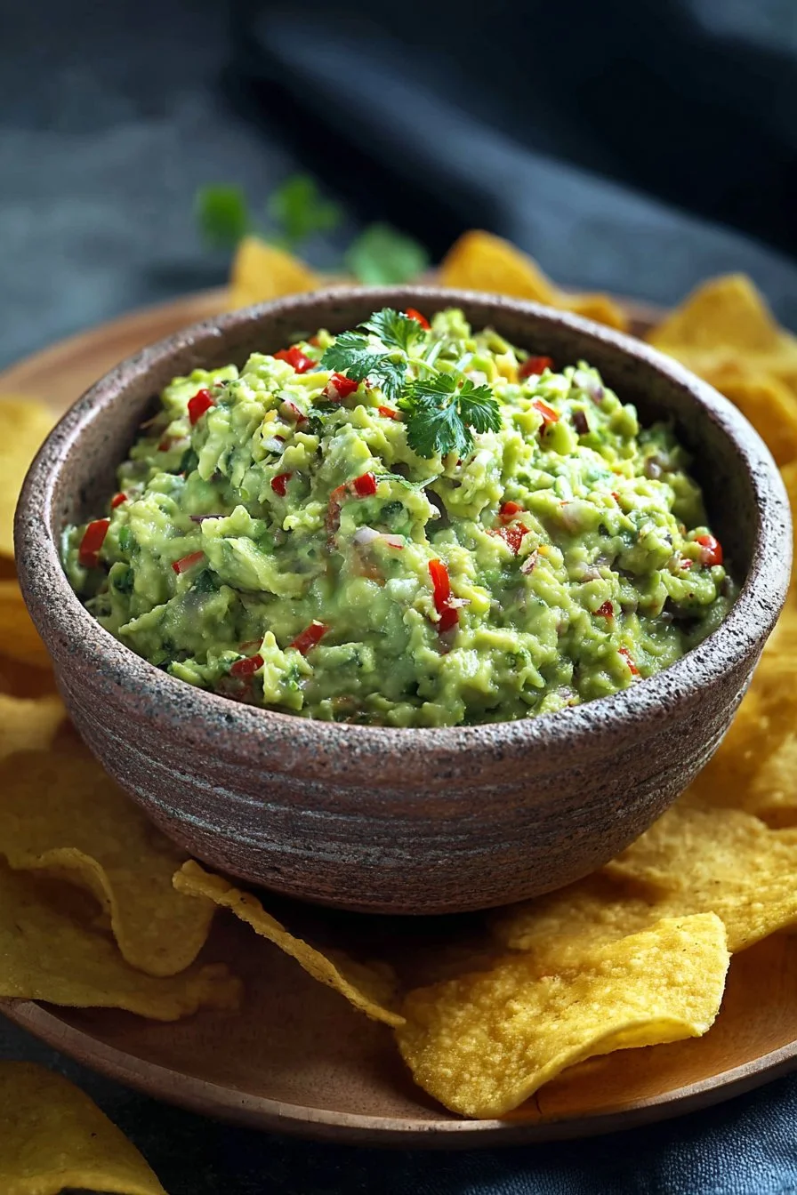 Freshly made guacamole served in a bowl with tortilla chips