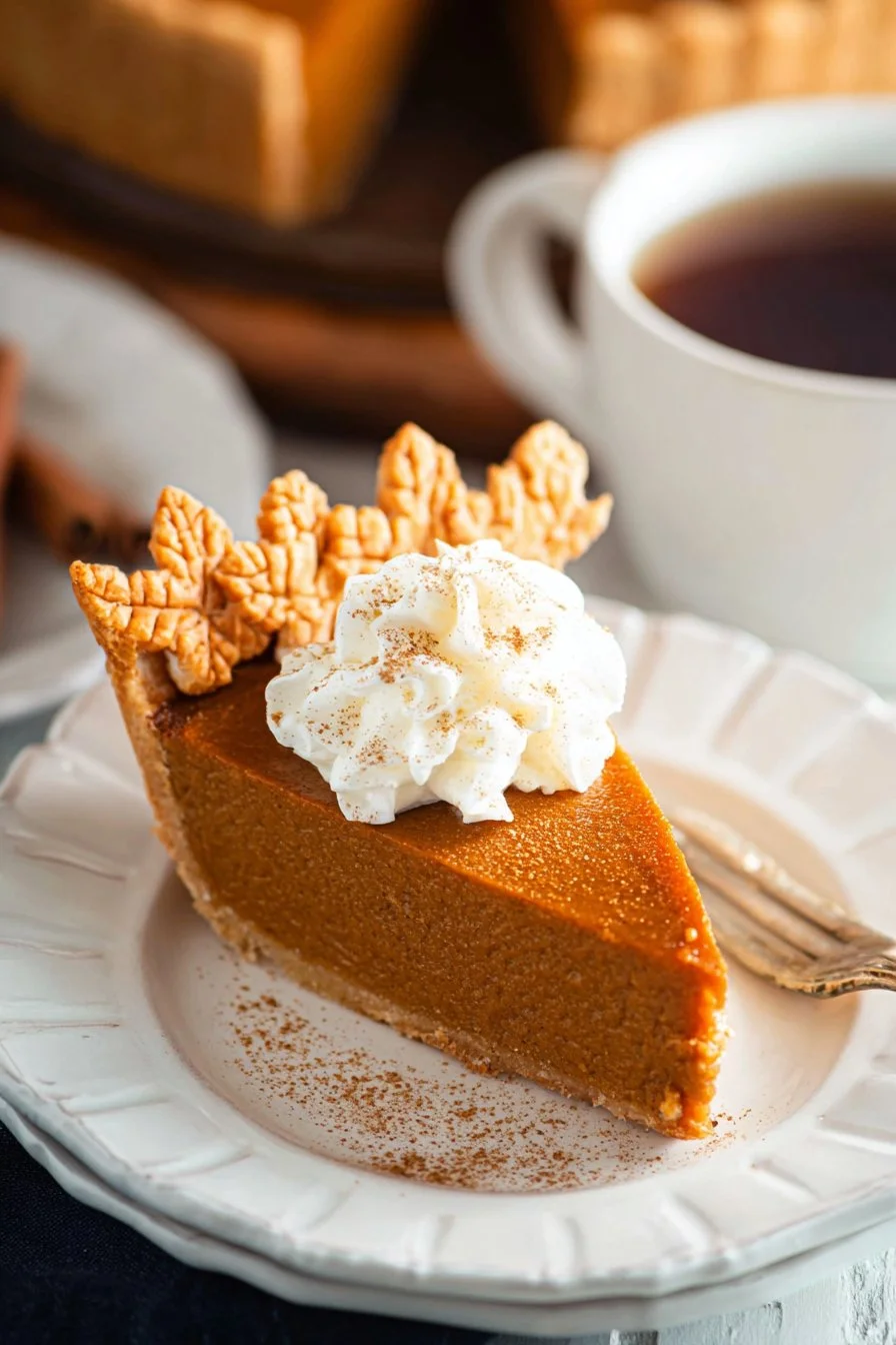 Delicious homemade pumpkin pie topped with whipped cream