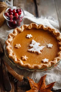 Delicious homemade pumpkin pie topped with whipped cream and spices