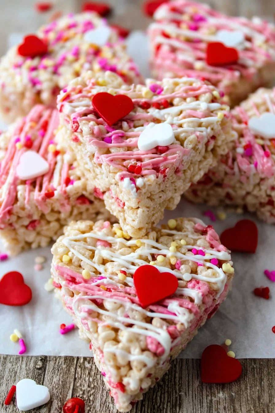 Valentine's themed Rice Krispie Treats shaped like hearts