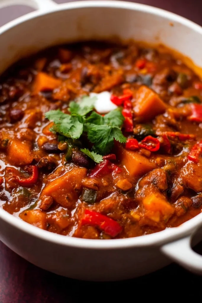 Vegetarian Pumpkin Chili 1 A bowl of vegetarian pumpkin chili topped with cilantro and served with bread.