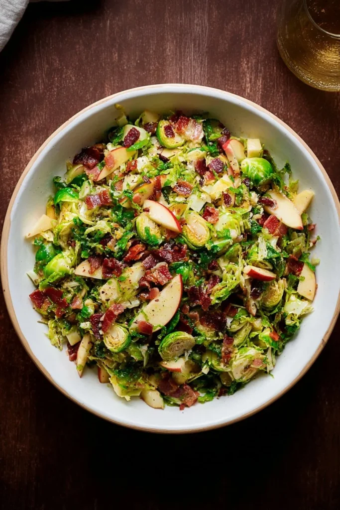 Warm Brussels sprouts salad with bacon and apple on a wooden table