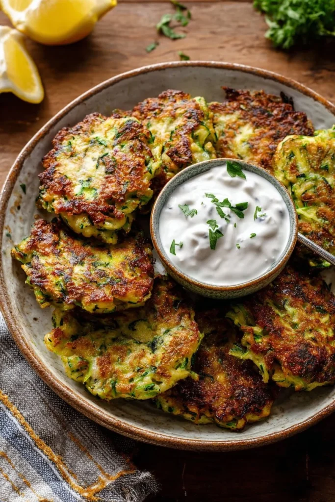 Plate of crispy zucchini fritters topped with creamy yogurt sauce