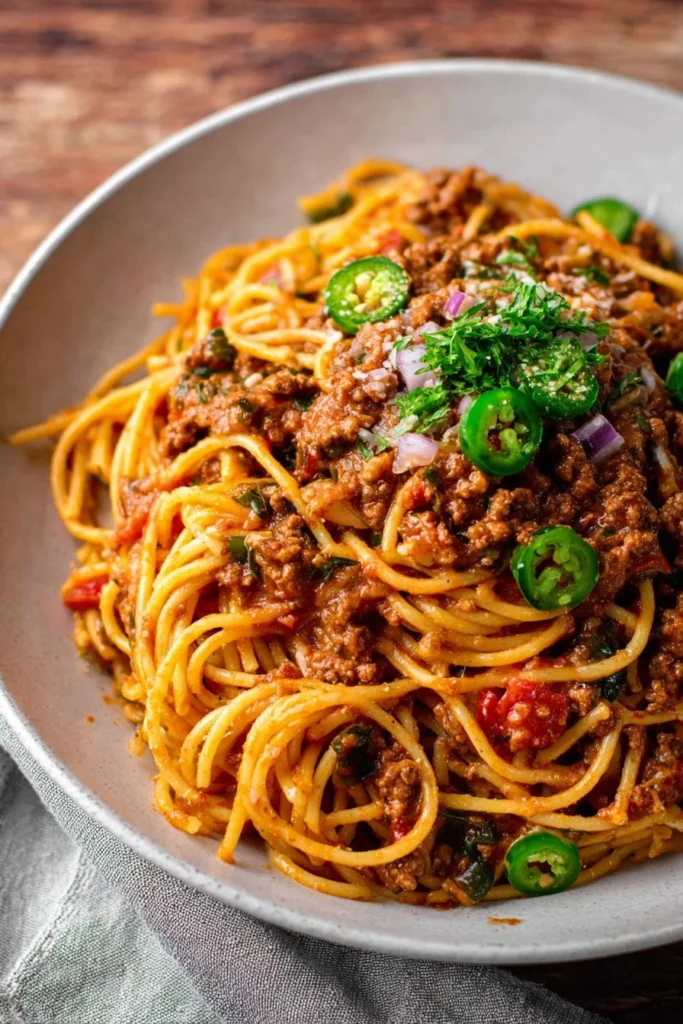 Taco spaghetti dish served in a bowl, garnished with cheese and cilantro.