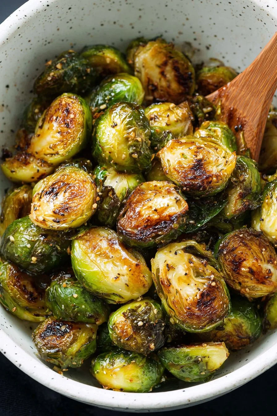 Air Fryer Brown Sugar Brussels Sprouts cooked to perfection