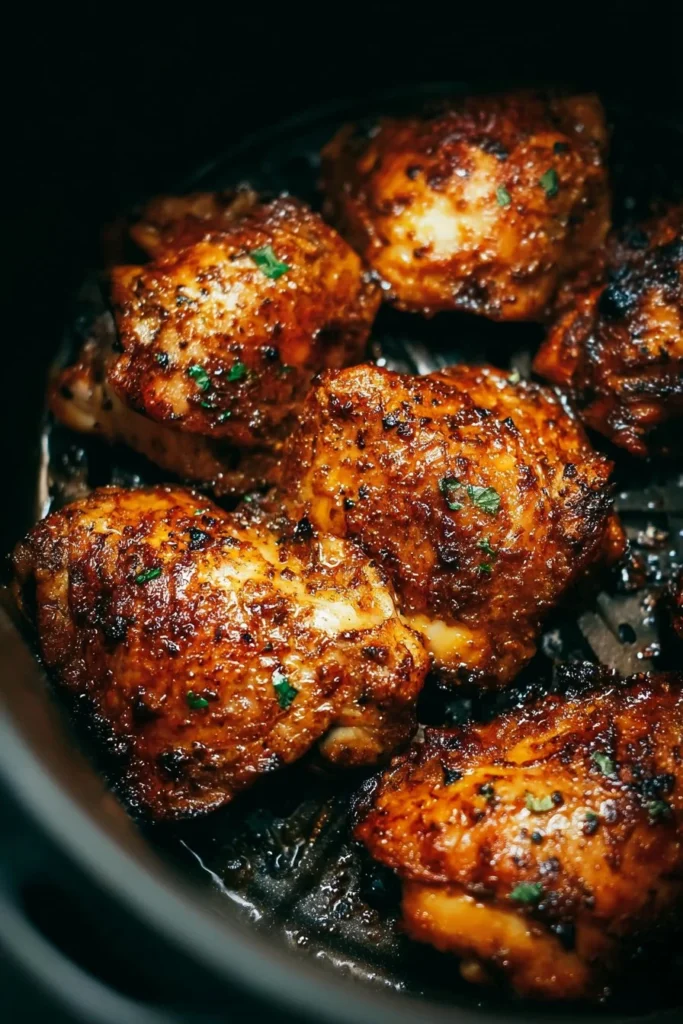 Air Fryer Chicken Thighs 1 Crispy and juicy Air Fryer Chicken Thighs served on a plate with herbs.