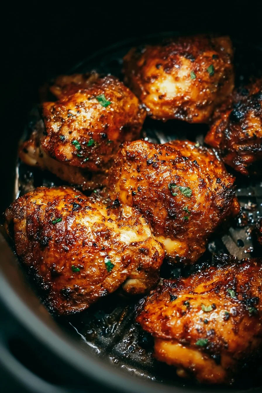 Crispy and juicy Air Fryer Chicken Thighs served on a plate with herbs.