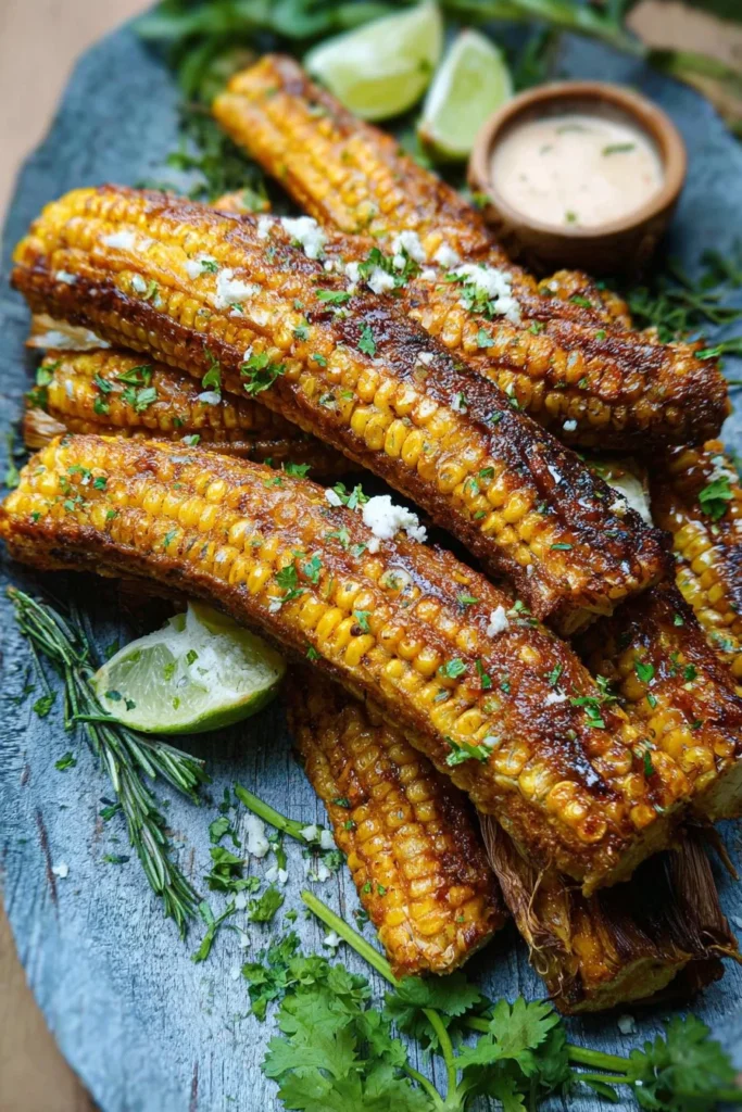 Delicious air fryer corn ribs served on a plate with seasoning