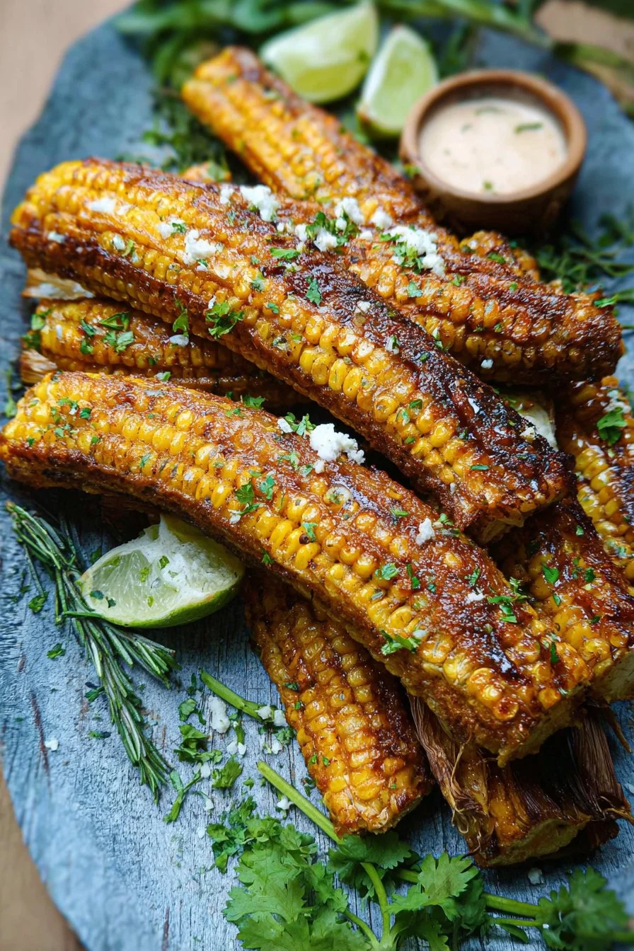Delicious air fryer corn ribs served on a plate with seasoning