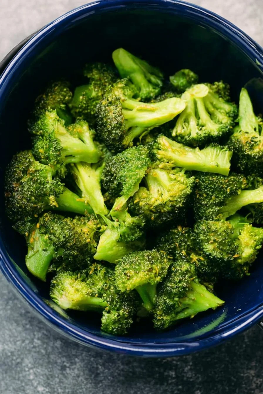 Crispy air fryer frozen broccoli served in a bowl