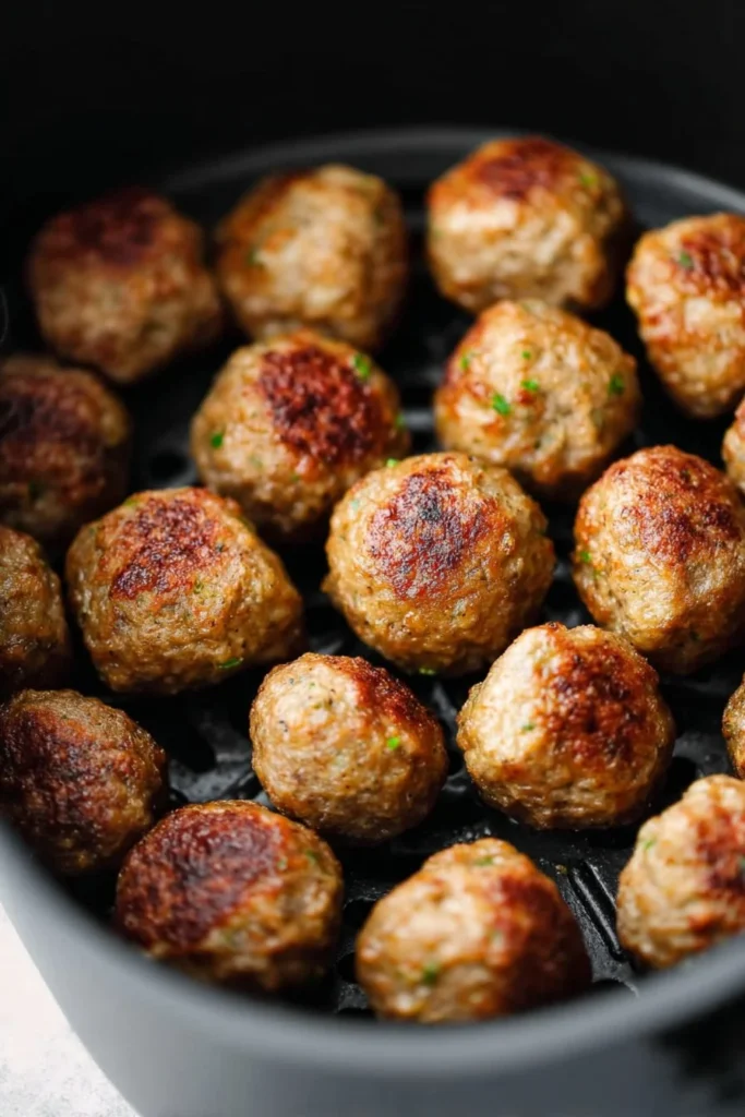A plate of air fryer frozen meatballs, crispy and ready to serve.