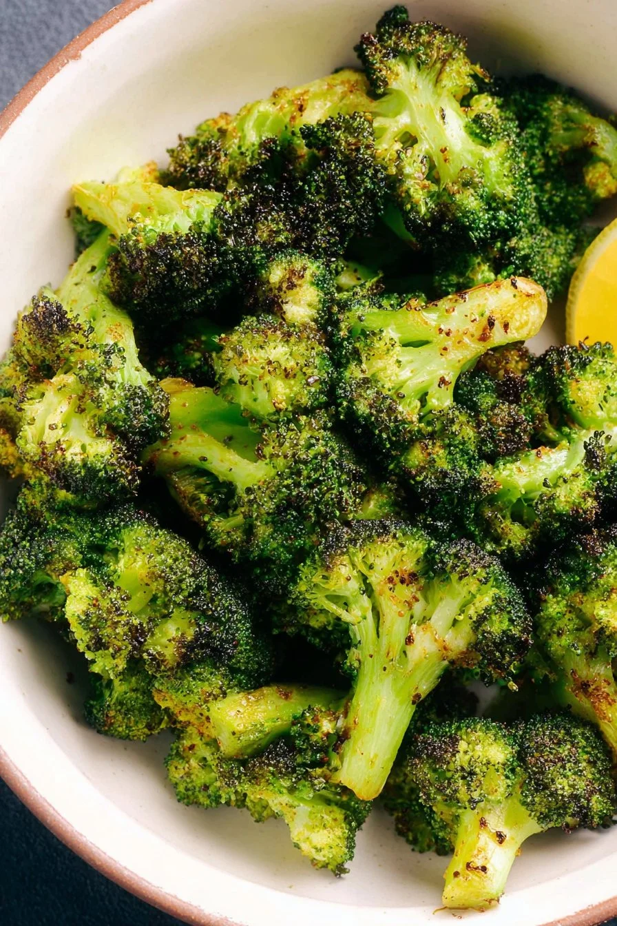 Air Fryer Roasted Garlic Broccoli served in a bowl