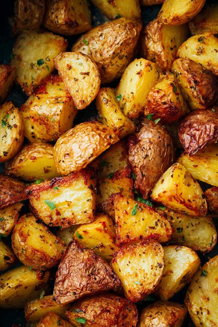 Air fryer roasted potatoes golden brown and crispy on a plate