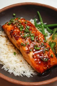 Air Fryer teriyaki glazed salmon served with vegetables