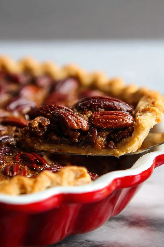 Deliciously decadent pecan pie topped with crunchy pecans and a glossy filling