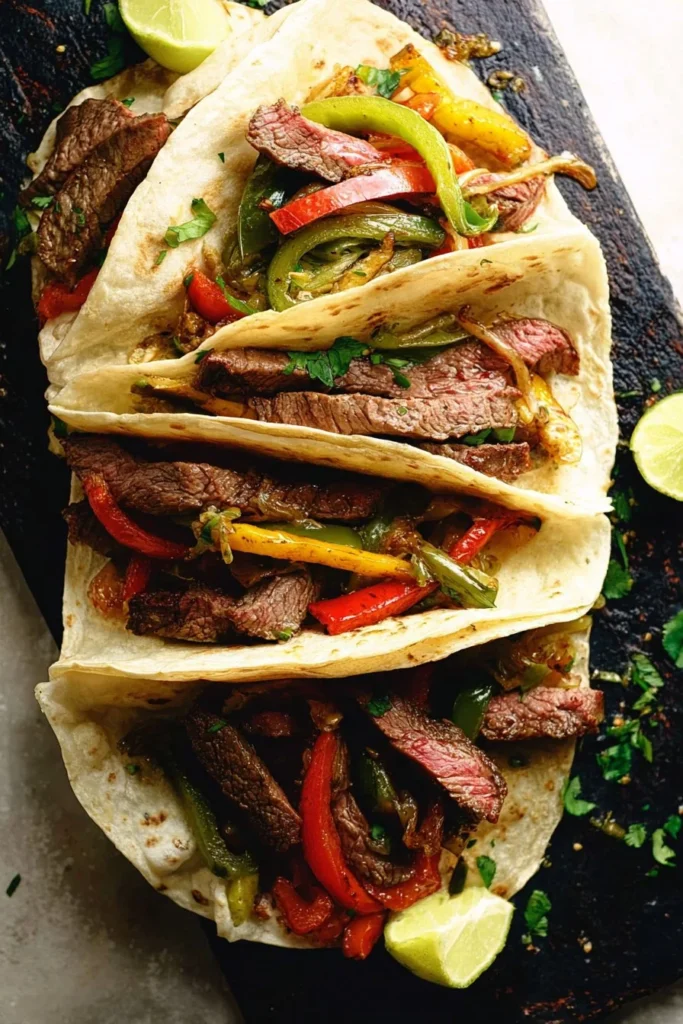Delicious plate of amazing steak fajitas with vibrant peppers and onions