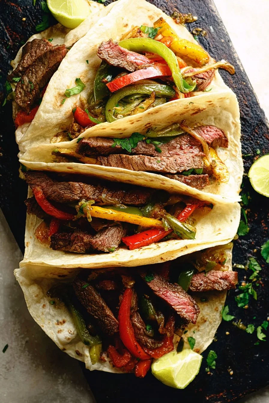 Delicious plate of amazing steak fajitas with vibrant peppers and onions