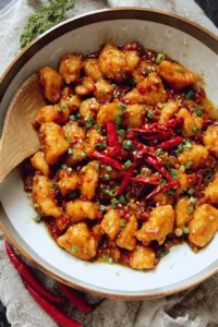 Plate of amazing sweet chili chicken garnished with fresh herbs and vegetables