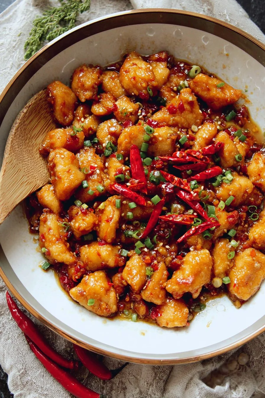 Plate of amazing sweet chili chicken garnished with fresh herbs and vegetables