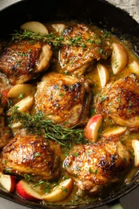 Delicious Apple Cider Chicken Thighs served with seasonal vegetables.