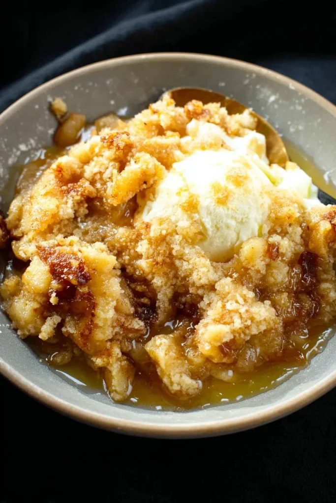 Delicious Apple Dump Cake served in a baking dish with a golden crust.
