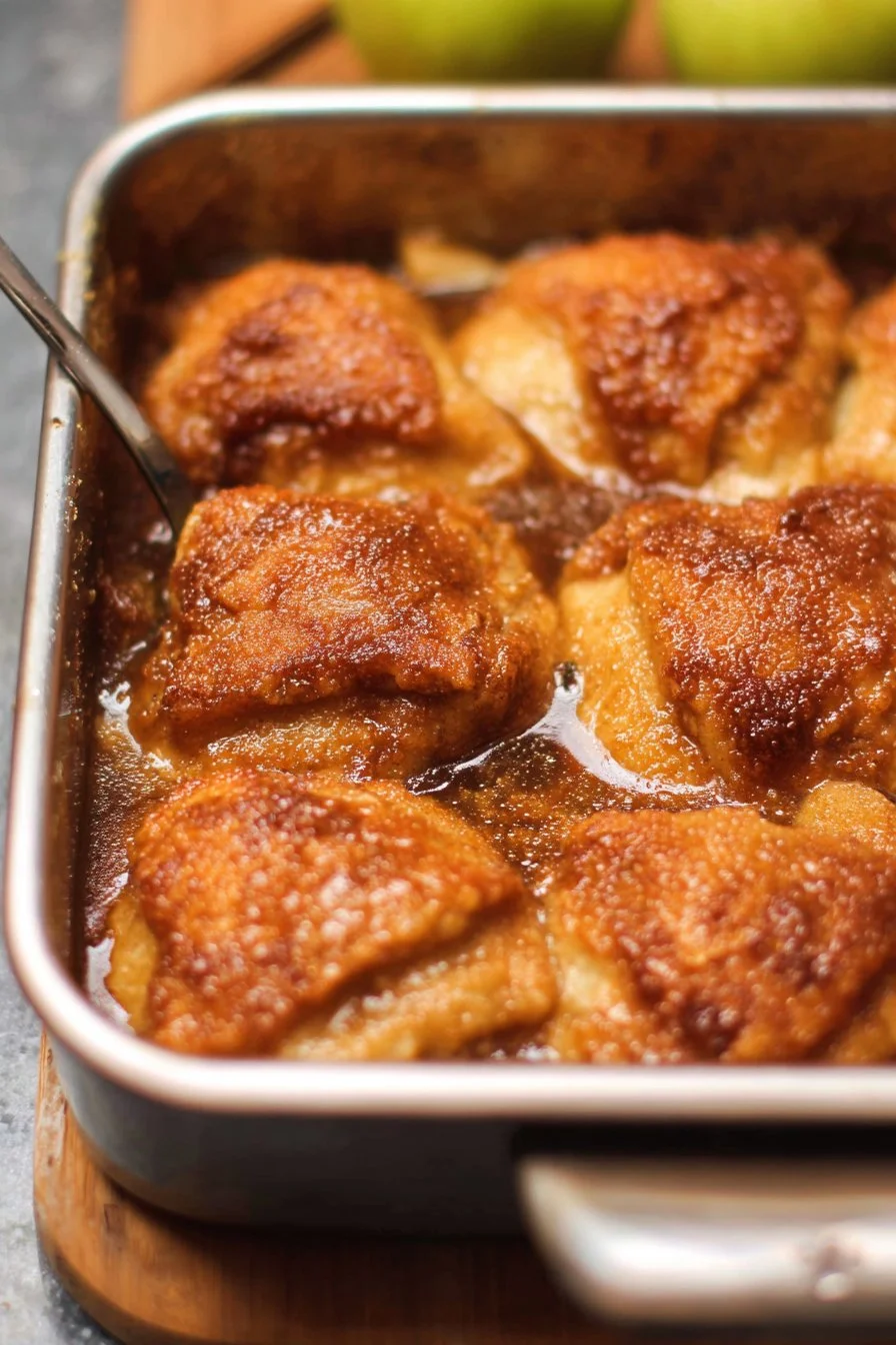 Delicious apple dumplings baked to perfection with cinnamon and syrup.