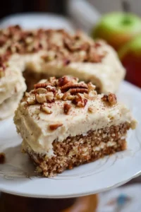 Slice of apple pecan spice cake with brown sugar cream cheese frosting on a plate.