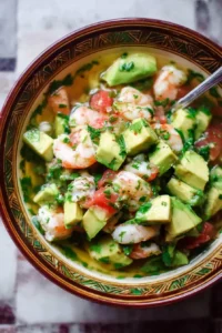 Delicious Avocado Shrimp Ceviche served in a bowl with fresh ingredients.