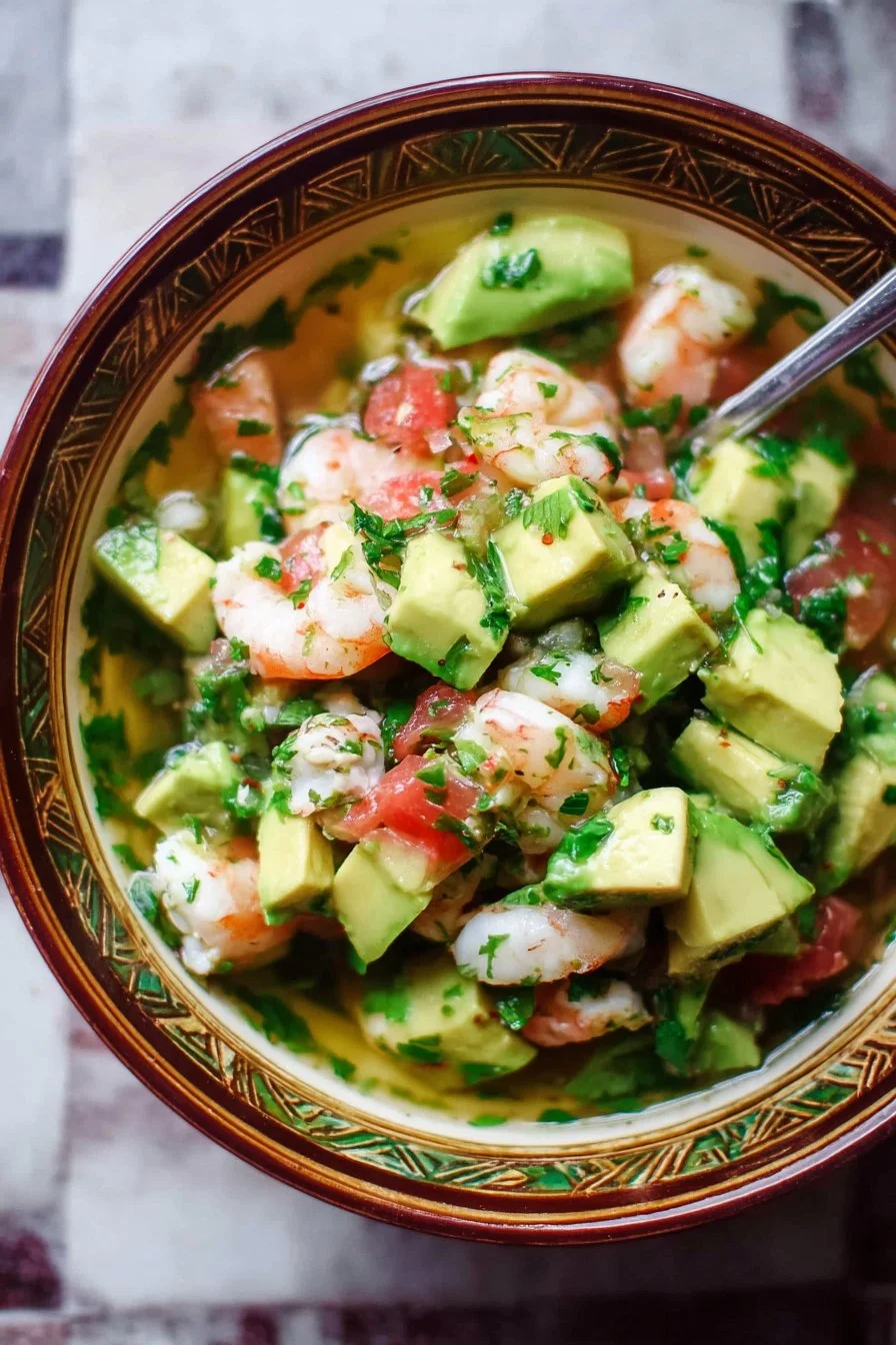 Delicious Avocado Shrimp Ceviche served in a bowl with fresh ingredients.