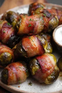 Bacon Wrapped Brussels Sprouts on a platter, delicious appetizer option.