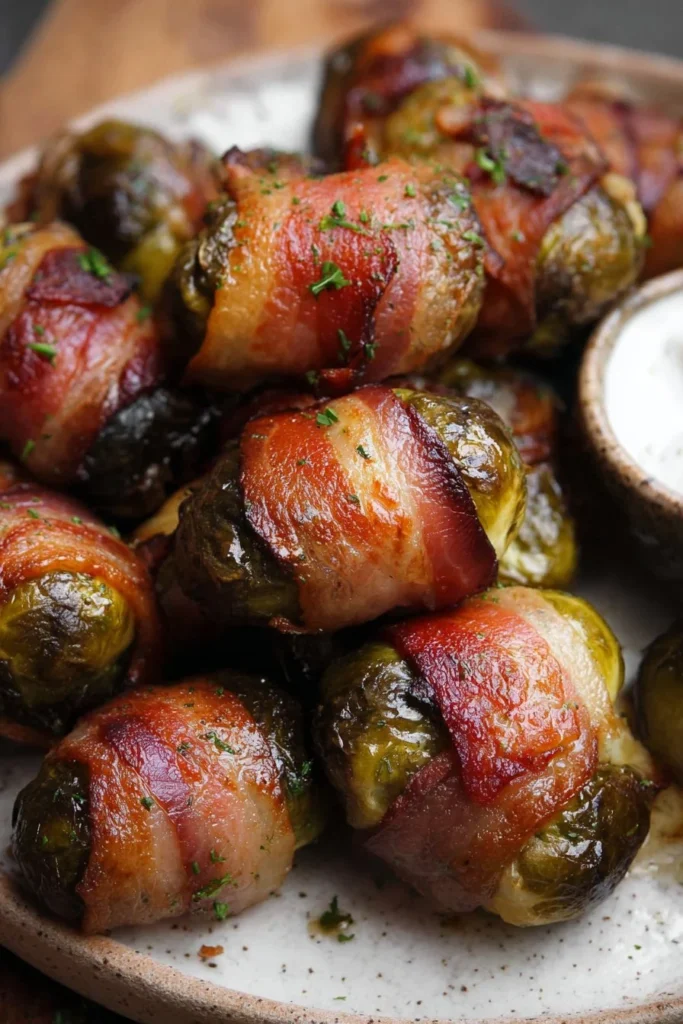 Bacon Wrapped Brussels Sprouts on a platter, delicious appetizer option.