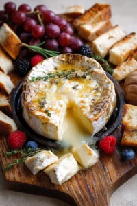 Melted Baked Brie topped with honey and nuts, served with crackers.