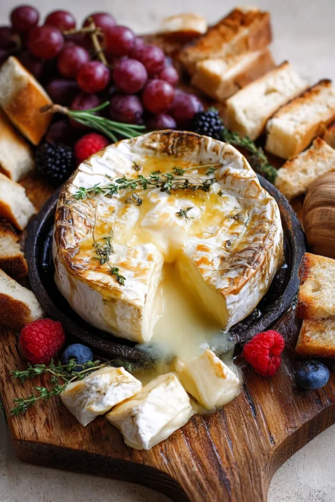 Melted Baked Brie topped with honey and nuts, served with crackers.